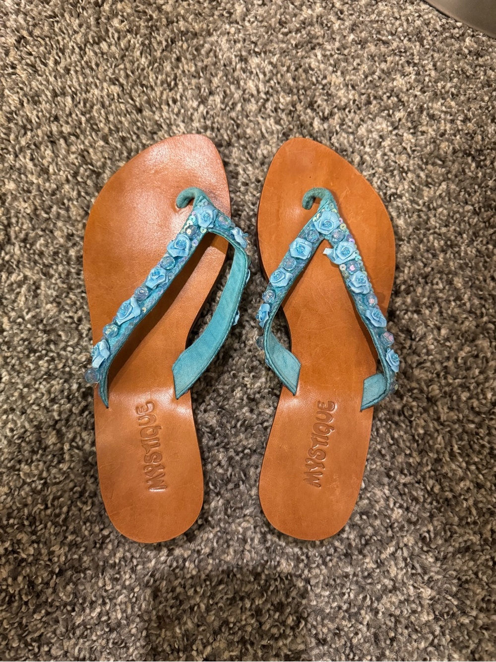 Mystique Boutique Turquoise Floral Leather Thong Sandals with Small Heel